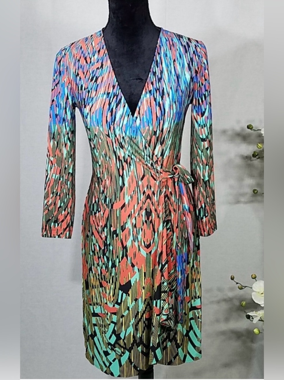 BCBGMAXAZRIA Geometric Wrap Mini Dress in Blue & Coral Size Small